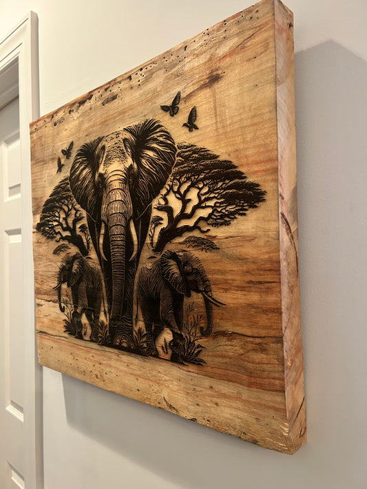 Elephant Engraved Firebox Elder Wood